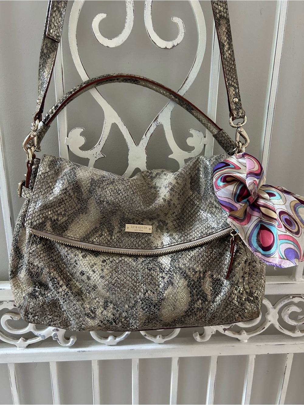 Kate Spade Metallic Snake Print Foldover Hobo Crossbody
